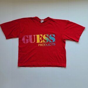 Vintage 80s 90s Cropped Guess Graphic T-shirt M Red Spellout Rainbow Beachy